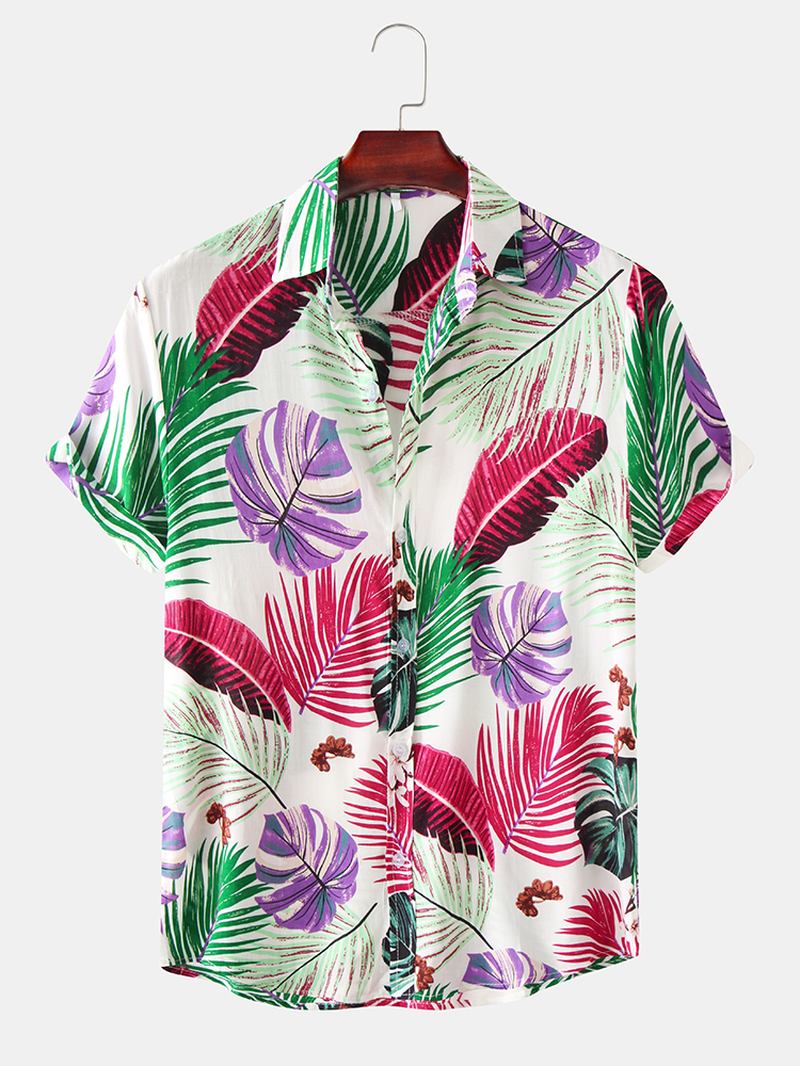 Män Färg Block Leaves Med Tryck Turn Down Collar Hawaii Beach Kortärmade Skjortor