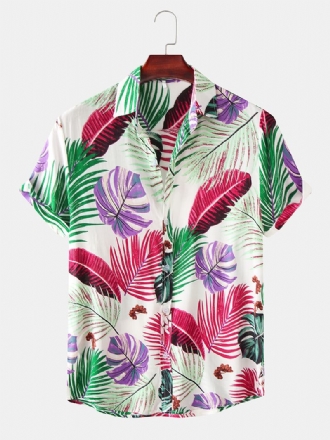 Män Färg Block Leaves Med Tryck Turn Down Collar Hawaii Beach Kortärmade Skjortor