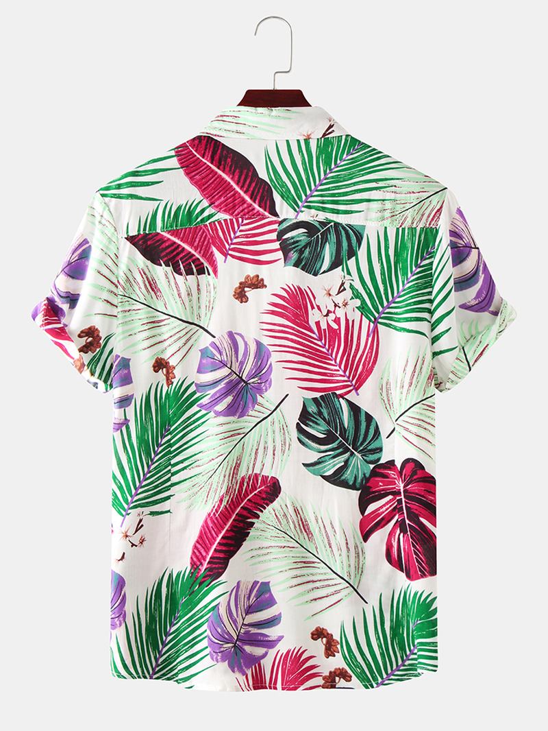 Män Färg Block Leaves Med Tryck Turn Down Collar Hawaii Beach Kortärmade Skjortor