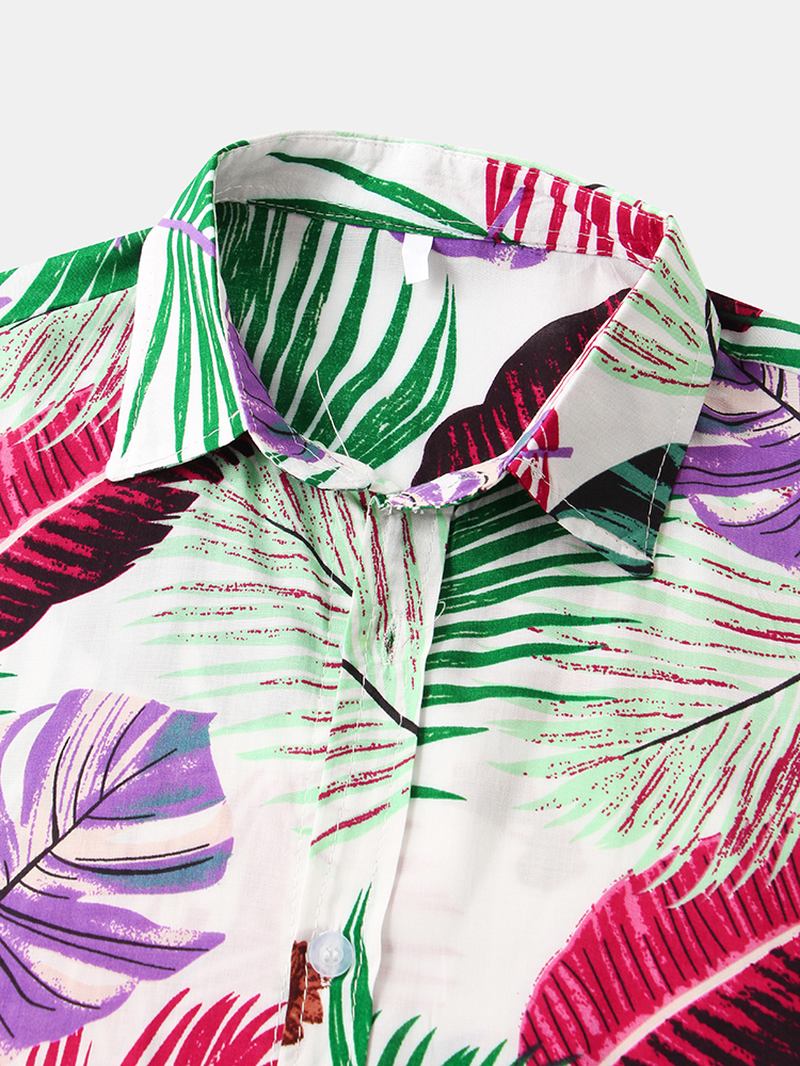 Män Färg Block Leaves Med Tryck Turn Down Collar Hawaii Beach Kortärmade Skjortor