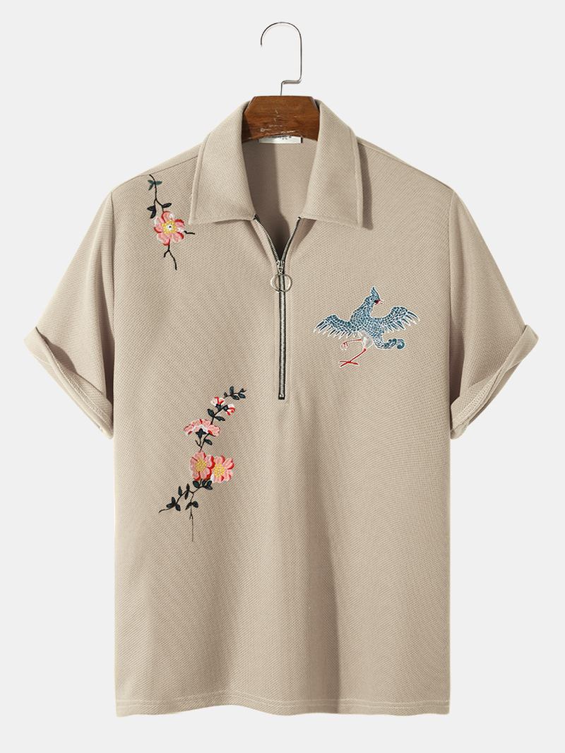 Män Grain Fleece Blommor Bird Brodery Casual Shirts