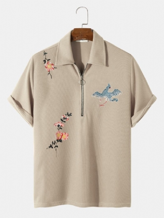 Män Grain Fleece Blommor Bird Brodery Casual Shirts