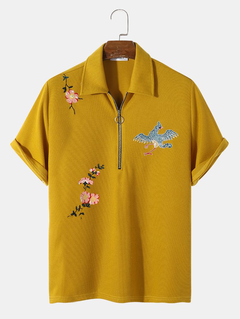 Män Grain Fleece Blommor Bird Brodery Casual Shirts