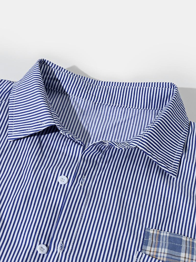 Män Splicing Stripe Pläd Hem Lapel Shirt Med Främre Ficka