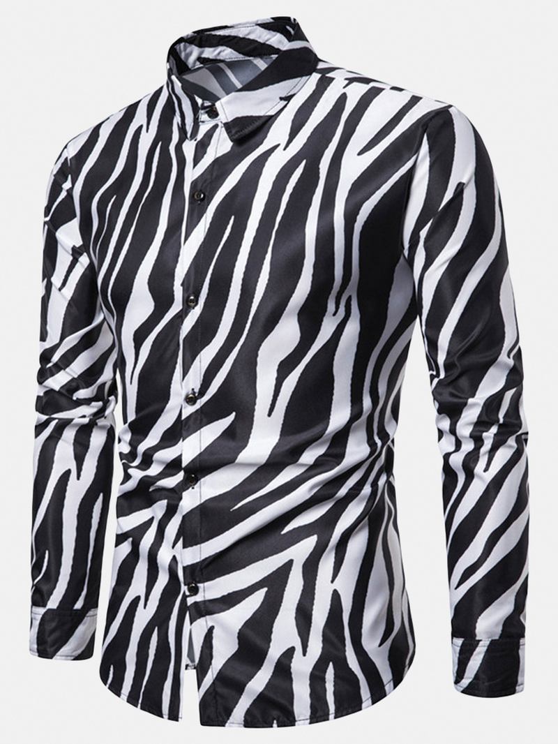 Män Zebra Mönster Med Tryck Snygga Lapel Avslappnad Passform Långärmade Skjortor