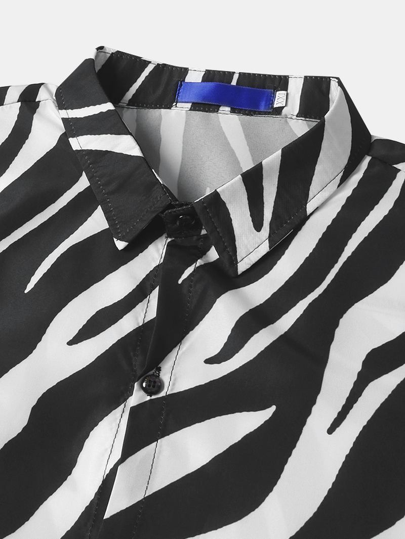 Män Zebra Mönster Med Tryck Snygga Lapel Avslappnad Passform Långärmade Skjortor