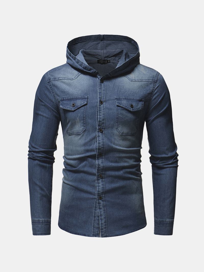 Man Denim Bröstficka Bomull Casual Hood Shirt Jacka