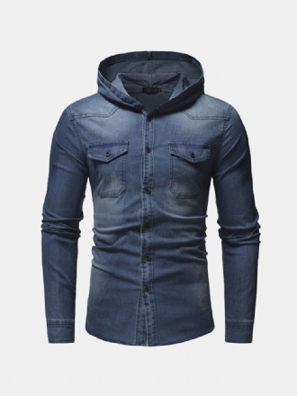 Man Denim Bröstficka Bomull Casual Hood Shirt Jacka