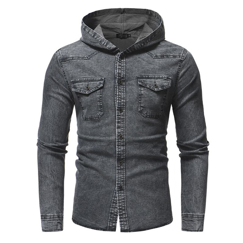 Man Denim Bröstficka Bomull Casual Hood Shirt Jacka