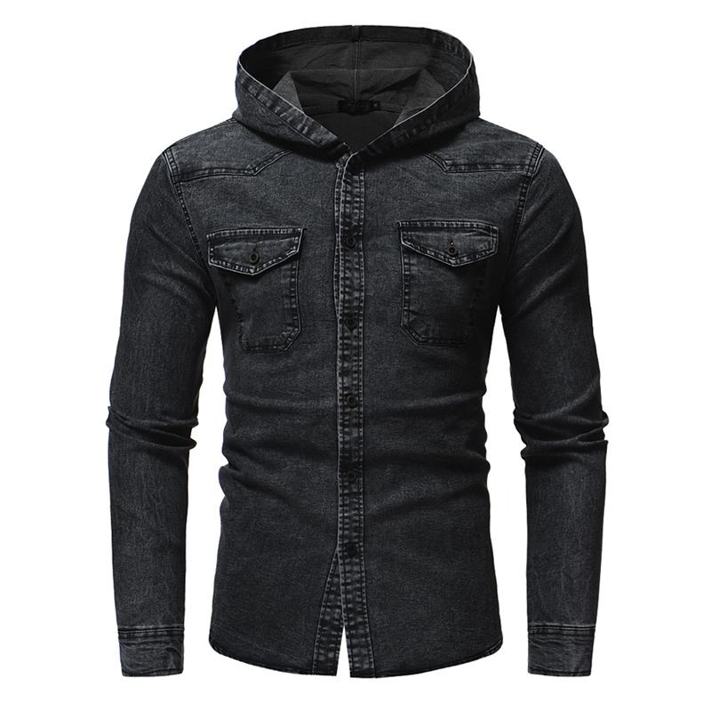 Man Denim Bröstficka Bomull Casual Hood Shirt Jacka