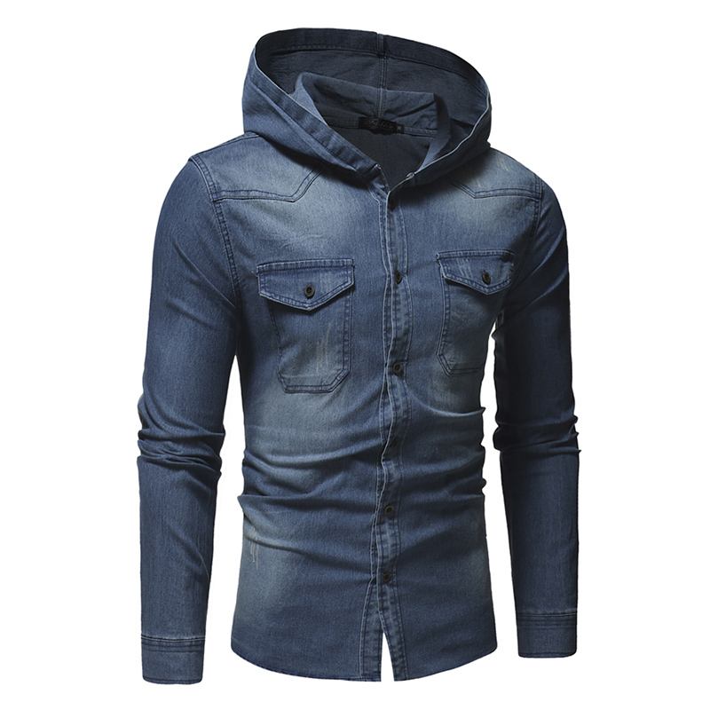 Man Denim Bröstficka Bomull Casual Hood Shirt Jacka