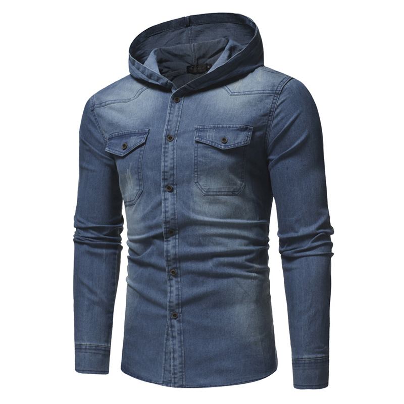 Man Denim Bröstficka Bomull Casual Hood Shirt Jacka