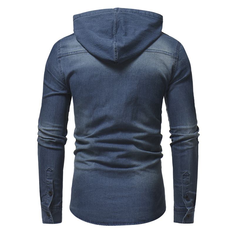 Man Denim Bröstficka Bomull Casual Hood Shirt Jacka