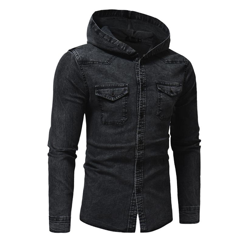 Man Denim Bröstficka Bomull Casual Hood Shirt Jacka