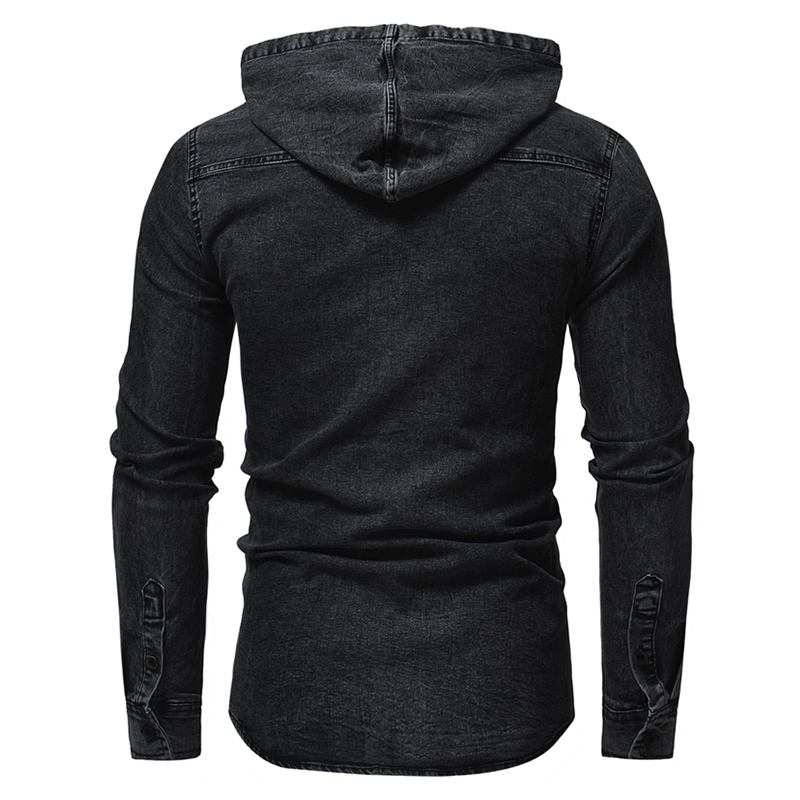 Man Denim Bröstficka Bomull Casual Hood Shirt Jacka