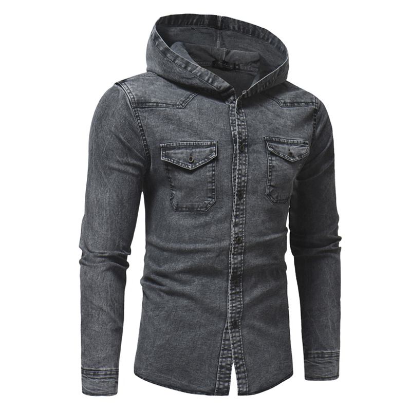 Man Denim Bröstficka Bomull Casual Hood Shirt Jacka