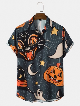 Pumpkin Full Med Tryck Katt Short Sleeve Casual Shirt