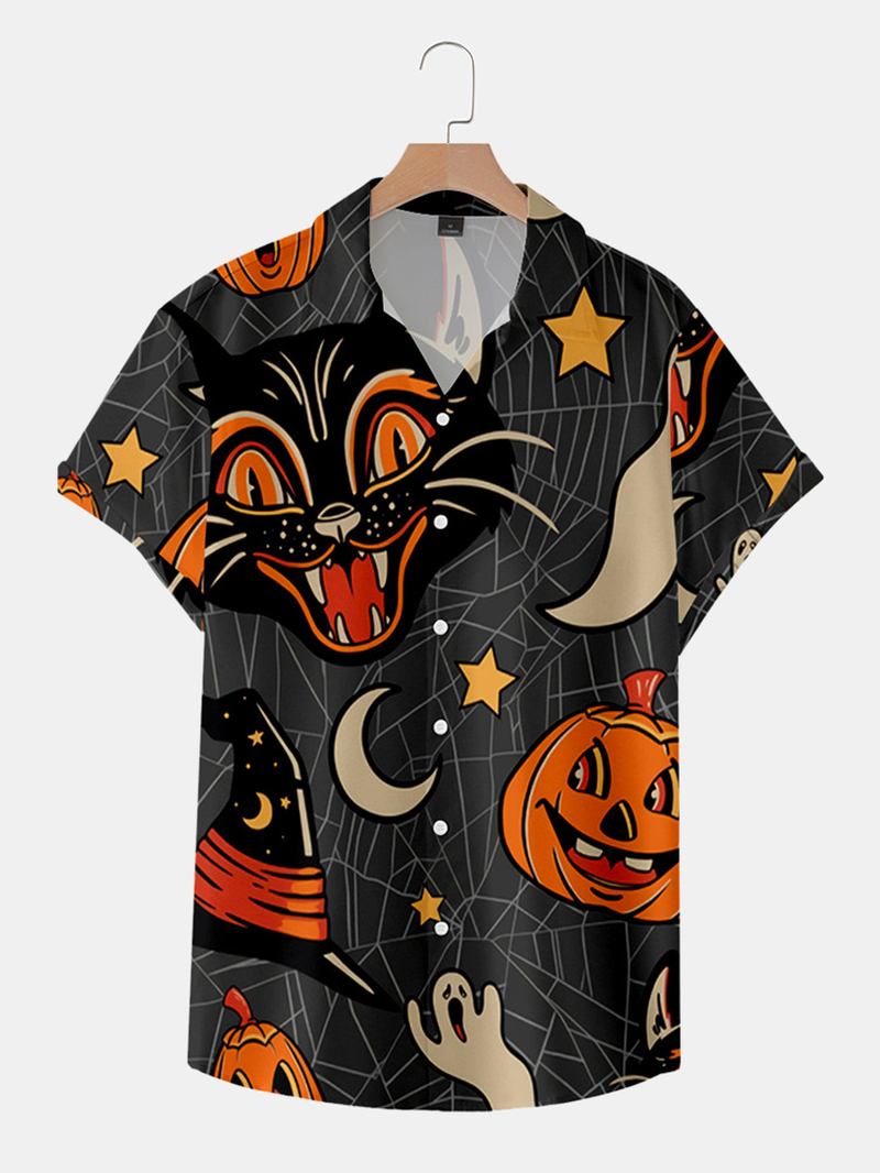 Pumpkin Full Med Tryck Katt Short Sleeve Casual Shirt