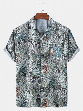 Tropical Leaves Med Tryck Hawaii Casual Kortärmade Skjortor För Män