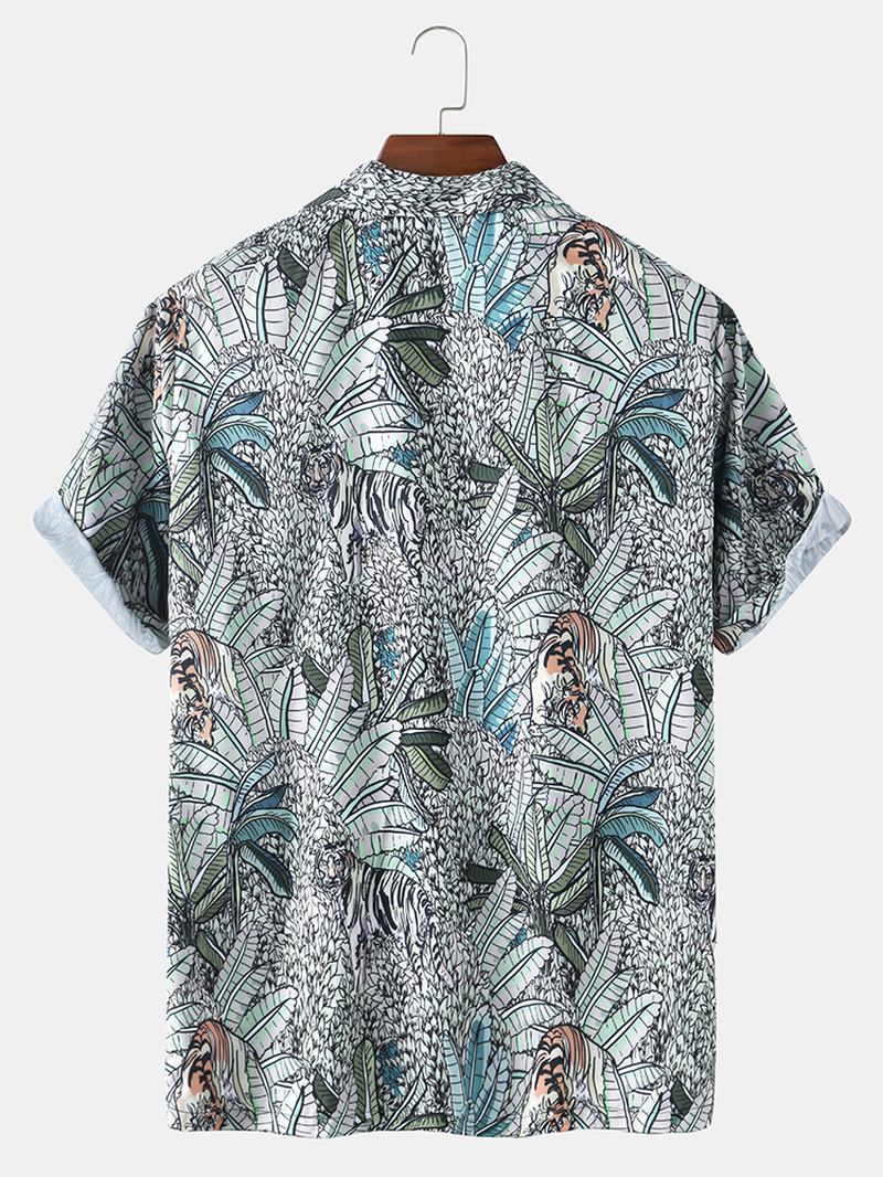 Tropical Leaves Med Tryck Hawaii Casual Kortärmade Skjortor För Män