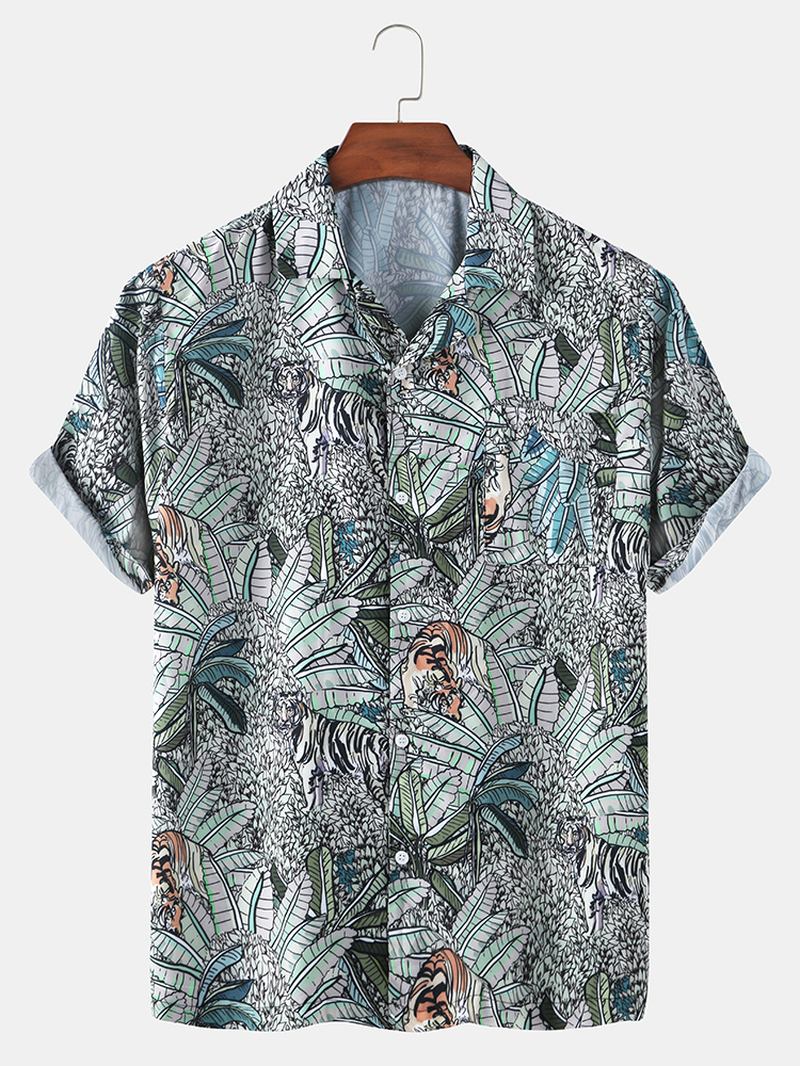 Tropical Leaves Med Tryck Hawaii Casual Kortärmade Skjortor För Män