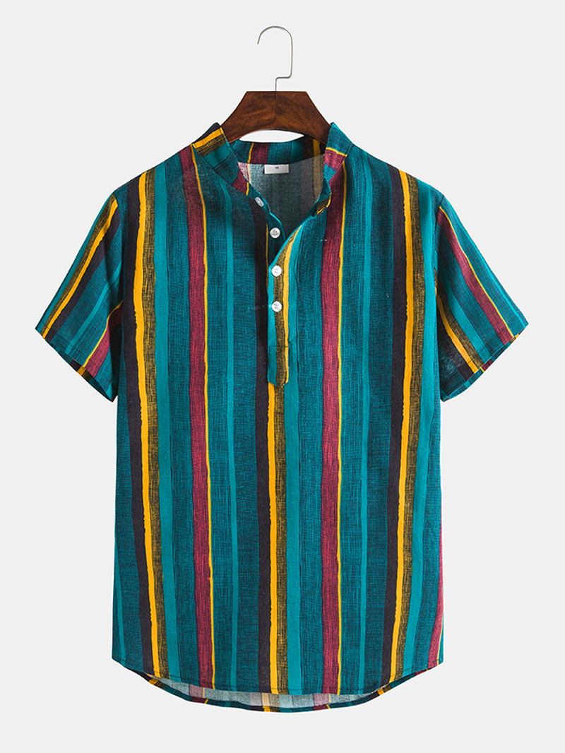 Vertical Stripes Stand Collar Hawaii Casual Herr Kortärmade Henley-skjortor