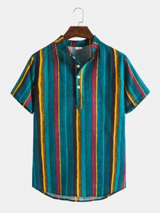 Vertical Stripes Stand Collar Hawaii Casual Herr Kortärmade Henley-skjortor