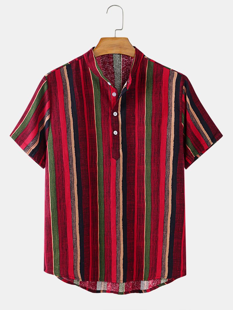 Vertical Stripes Stand Collar Hawaii Casual Herr Kortärmade Henley-skjortor