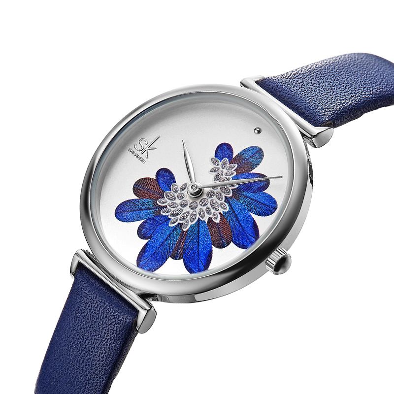 Bladmönster Kristallblommor Kvinnligt Mode Elegant Kvinnor Dam Läder Quartz Watch