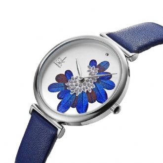 Bladmönster Kristallblommor Kvinnligt Mode Elegant Kvinnor Dam Läder Quartz Watch