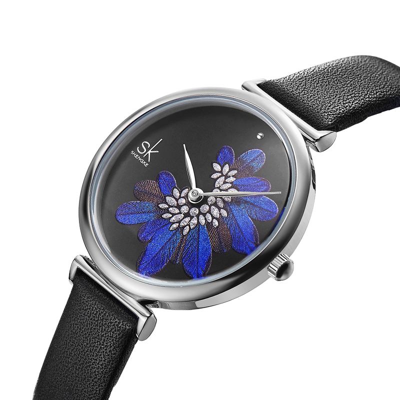 Bladmönster Kristallblommor Kvinnligt Mode Elegant Kvinnor Dam Läder Quartz Watch