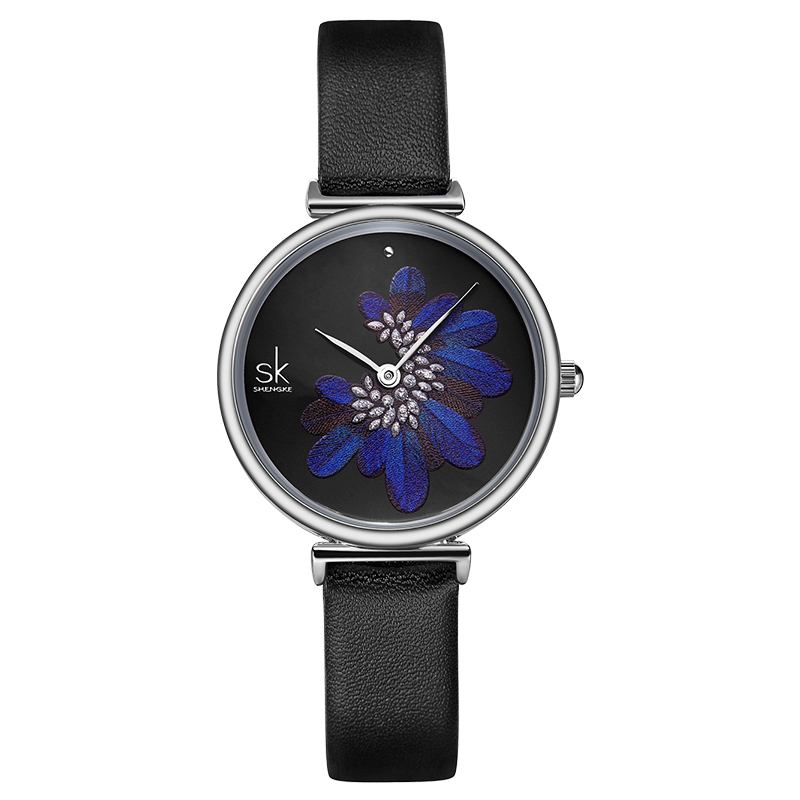 Bladmönster Kristallblommor Kvinnligt Mode Elegant Kvinnor Dam Läder Quartz Watch