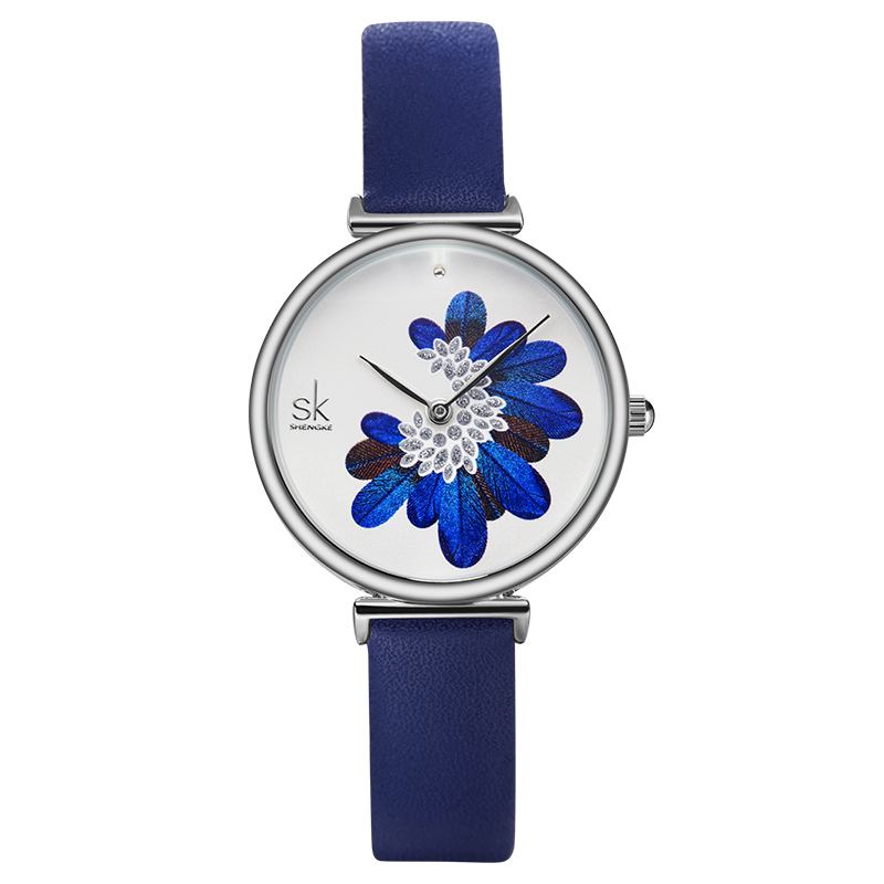 Bladmönster Kristallblommor Kvinnligt Mode Elegant Kvinnor Dam Läder Quartz Watch