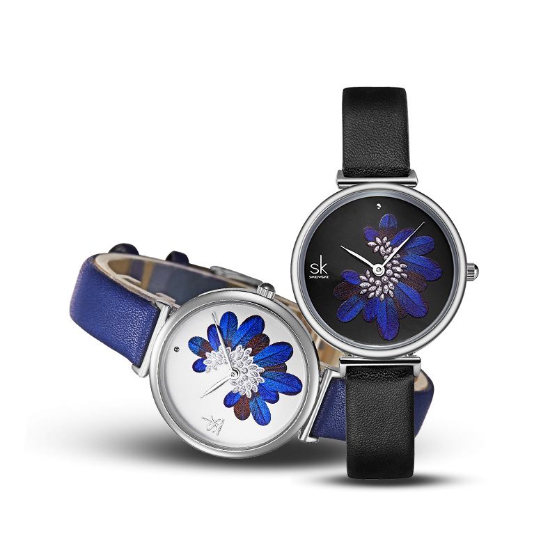 Bladmönster Kristallblommor Kvinnligt Mode Elegant Kvinnor Dam Läder Quartz Watch