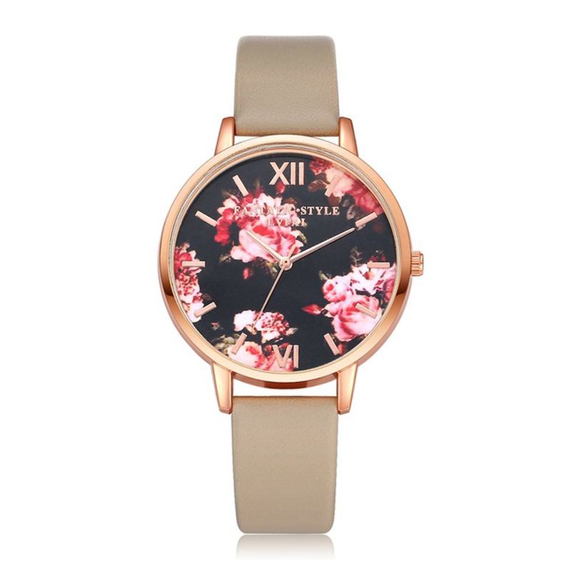 Blommor Display Elegant Design Dam Armbandsur Pu Läder Band Quartz Watch