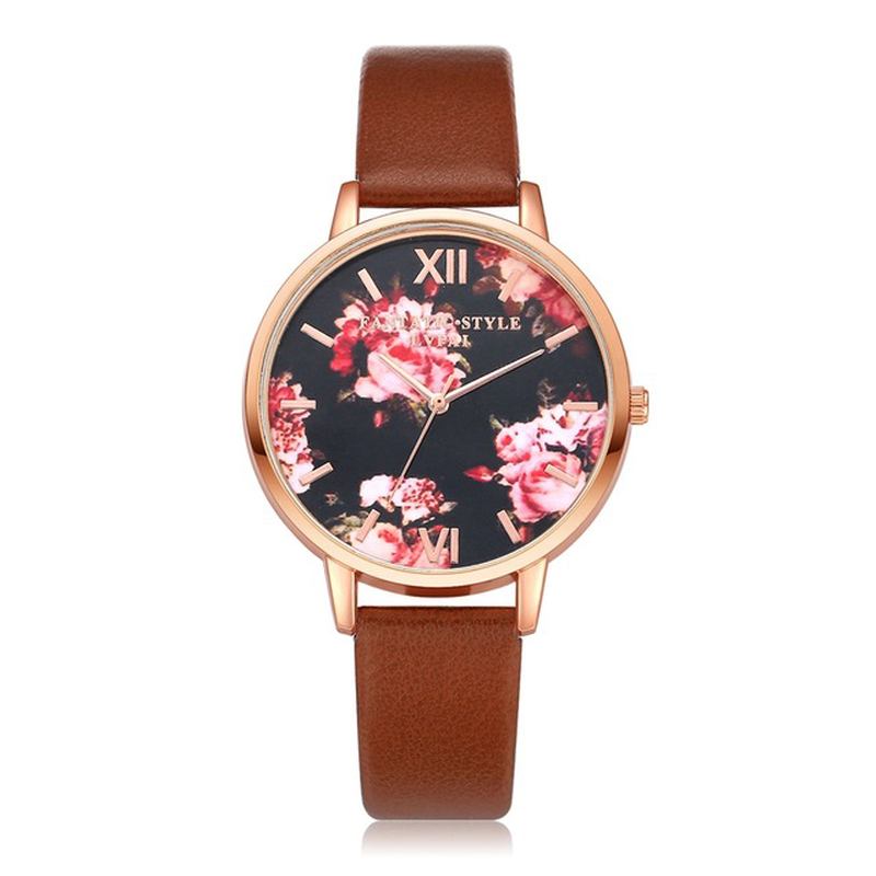 Blommor Display Elegant Design Dam Armbandsur Pu Läder Band Quartz Watch