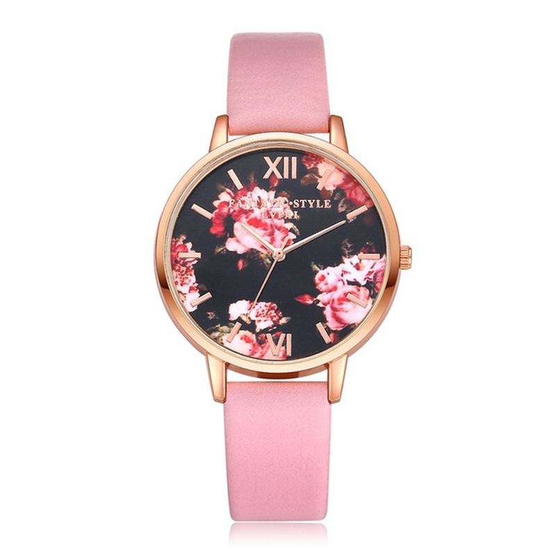 Blommor Display Elegant Design Dam Armbandsur Pu Läder Band Quartz Watch