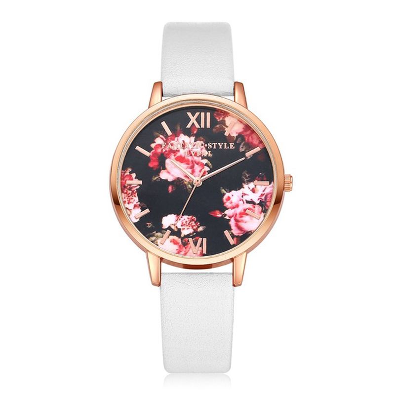 Blommor Display Elegant Design Dam Armbandsur Pu Läder Band Quartz Watch