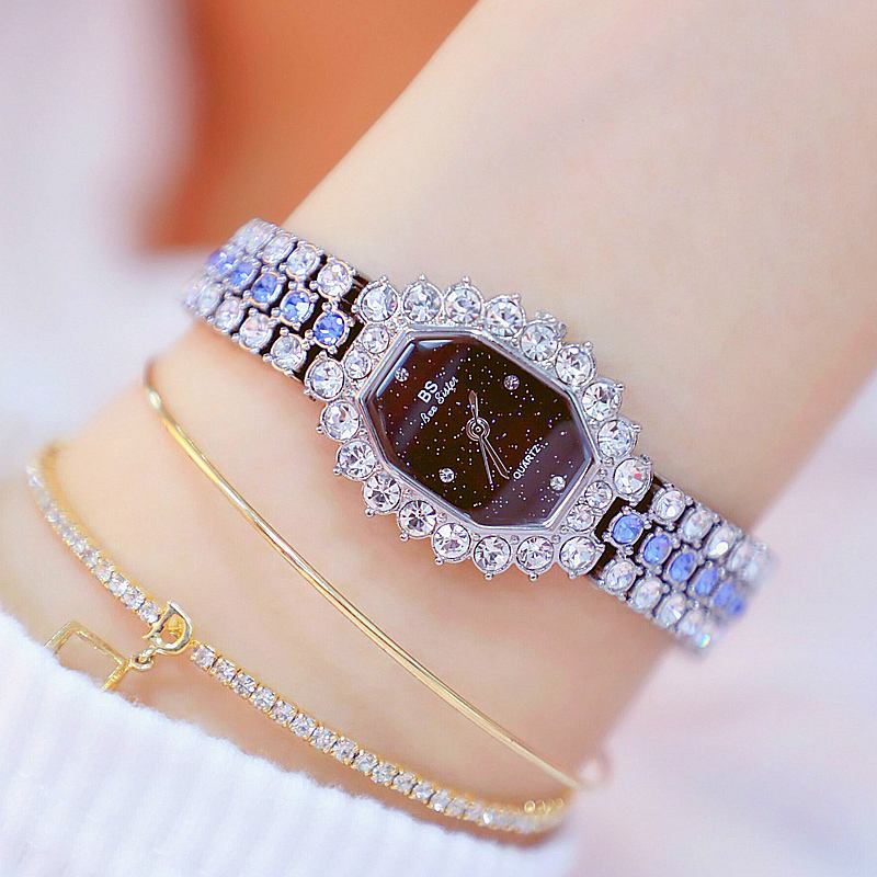 Crystal Dam Armband Watch Diamonds Rektangel Full Steel Quartz Watch