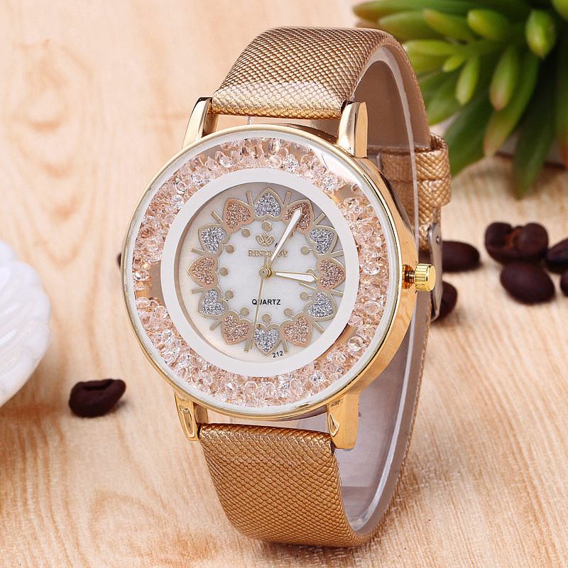 Crystal Shining Dress Damklocka Rose Gold Case Läderrem Quartz Watches