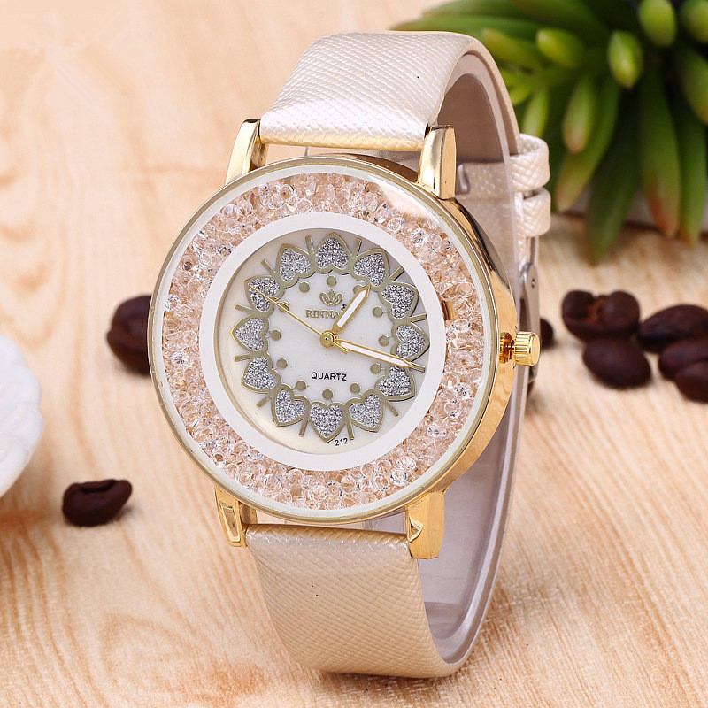 Crystal Shining Dress Damklocka Rose Gold Case Läderrem Quartz Watches