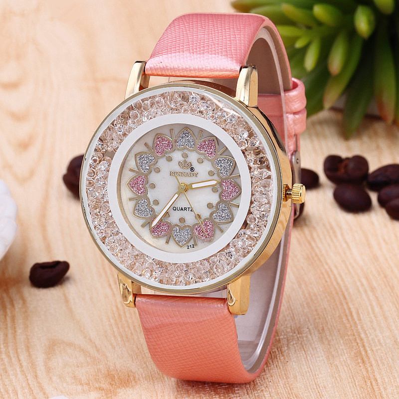 Crystal Shining Dress Damklocka Rose Gold Case Läderrem Quartz Watches