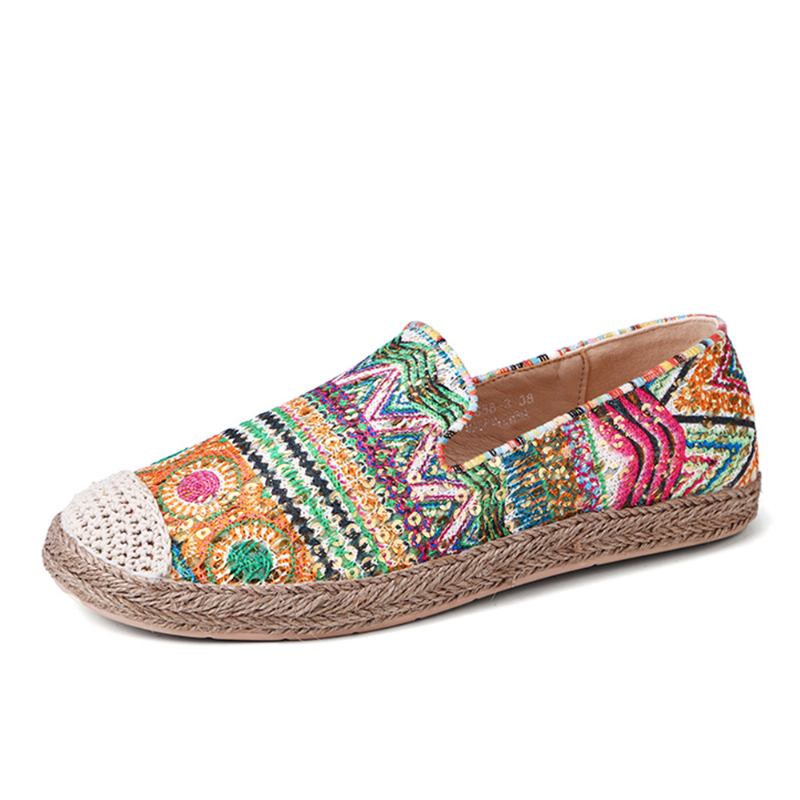 Bohemian Pattern Hollow Out Mesh-tyg Bärbar Slip On Casual Espadrille Flat Shoes