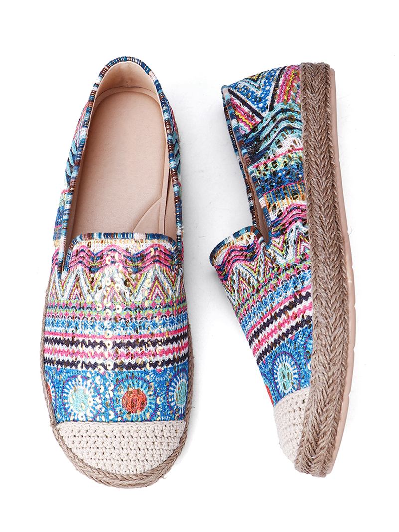 Bohemian Pattern Hollow Out Mesh-tyg Bärbar Slip On Casual Espadrille Flat Shoes