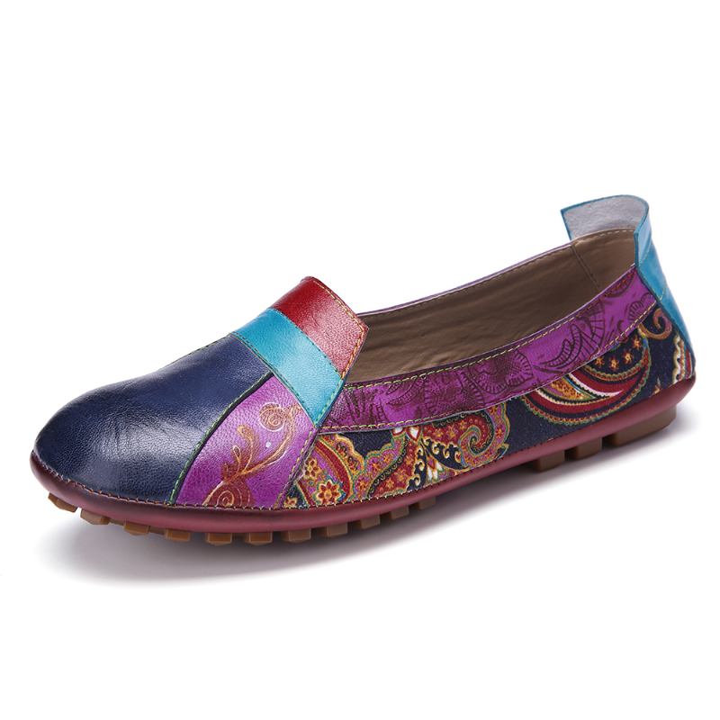 Bohemian Soft Leather Floral Splicing Casual Slip On Loafers Flat Shoes