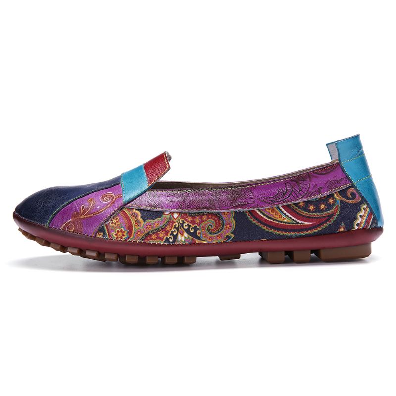 Bohemian Soft Leather Floral Splicing Casual Slip On Loafers Flat Shoes