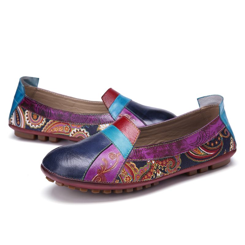 Bohemian Soft Leather Floral Splicing Casual Slip On Loafers Flat Shoes