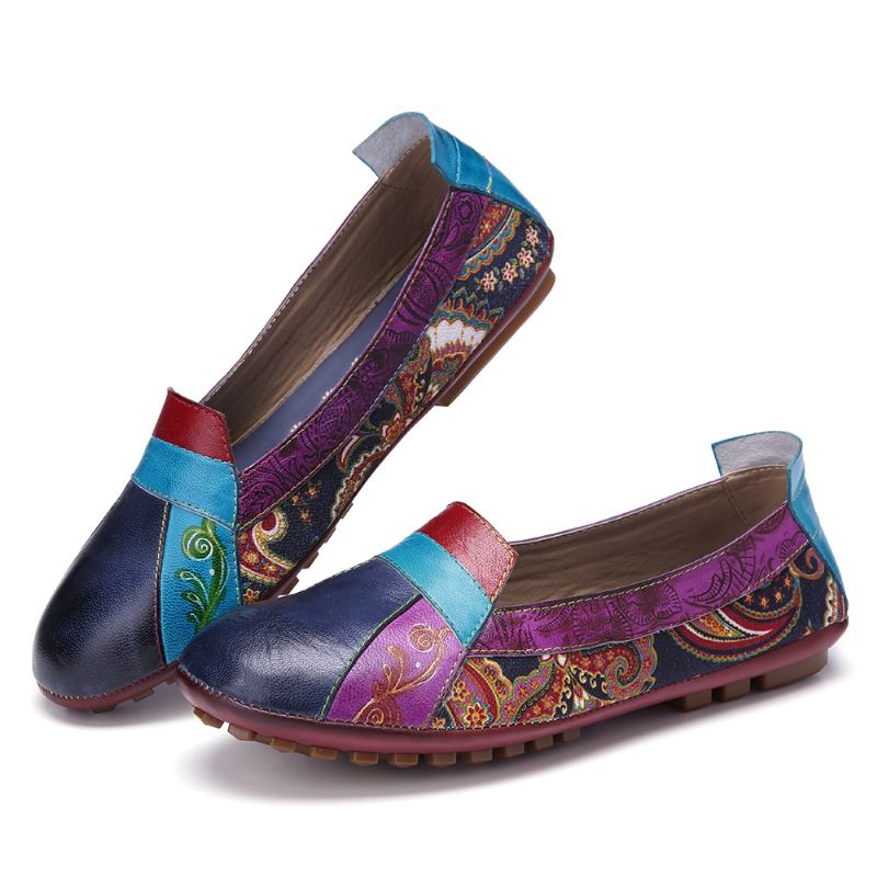 Bohemian Soft Leather Floral Splicing Casual Slip On Loafers Flat Shoes