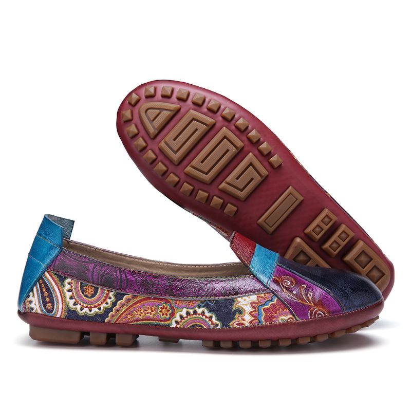 Bohemian Soft Leather Floral Splicing Casual Slip On Loafers Flat Shoes