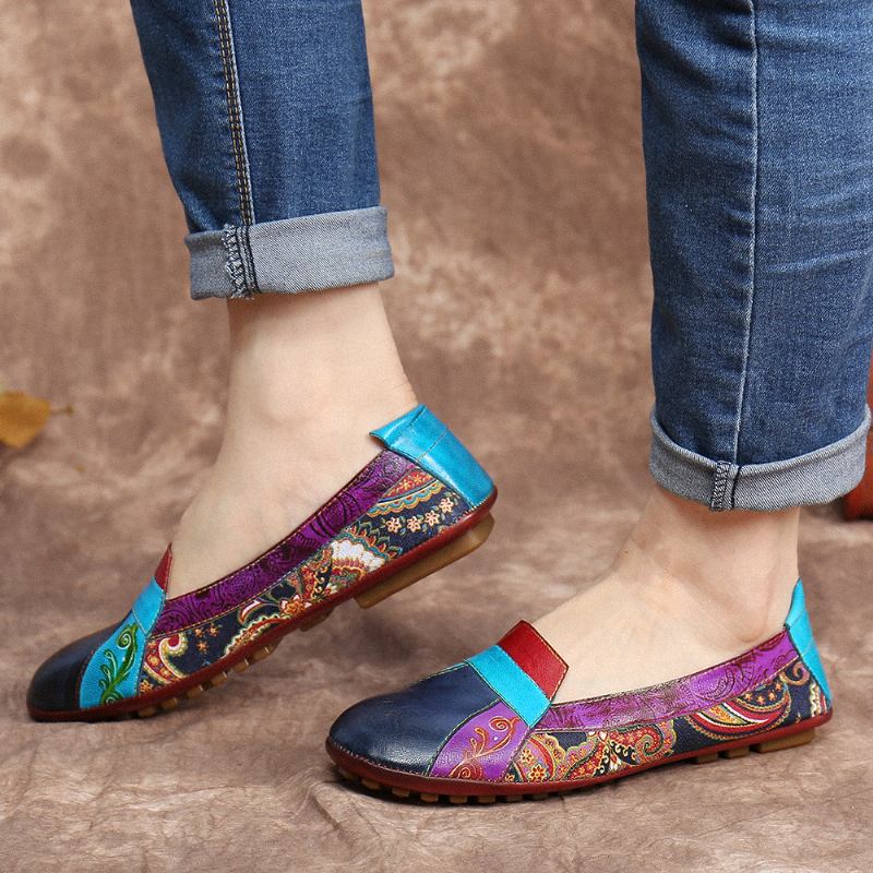 Bohemian Soft Leather Floral Splicing Casual Slip On Loafers Flat Shoes